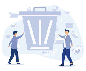 Delete concept. Tiny people deleting data. Flat vector modern illustration.