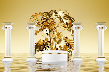 3D render minimal white podium for products display with yellow backdrop, classic roman columns and golden monstera plants. Podium, stage pedestal. 3d rendering