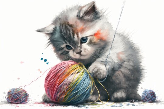 A playful kitten with a watercolor ball of yarn Generative AI