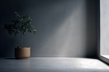 Minimalist room with blank grey wall, natural soft day light with plant in pot, space for text,  Nature product promotion beauty cosmetics . Nude Studio showcase for advertisement, generative ai