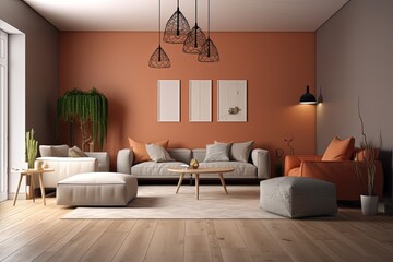 modern living room with vibrant orange walls and minimalist white furniture created with Generative AI technology