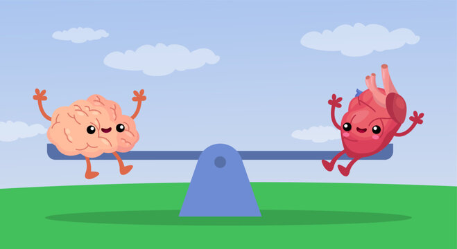 Comic brain and heart on seesaw together vector illustration. Cartoon drawing of happy human organ characters as metaphor for balance between mind and feelings. Decision, choice, emotions concept