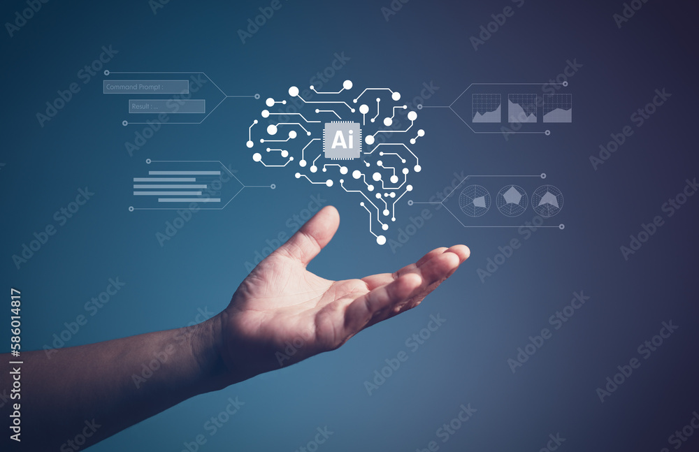 Poster ai technology or artificial intelligence. man using technology smart cloud ai by enter command promp