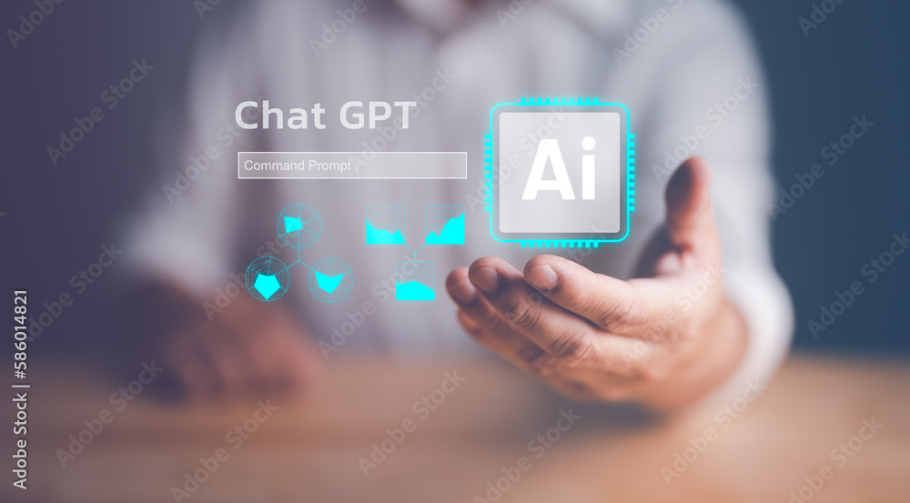 Poster chat with ai technology. man show virtual graphic global internet chatting with ai, artificial intel