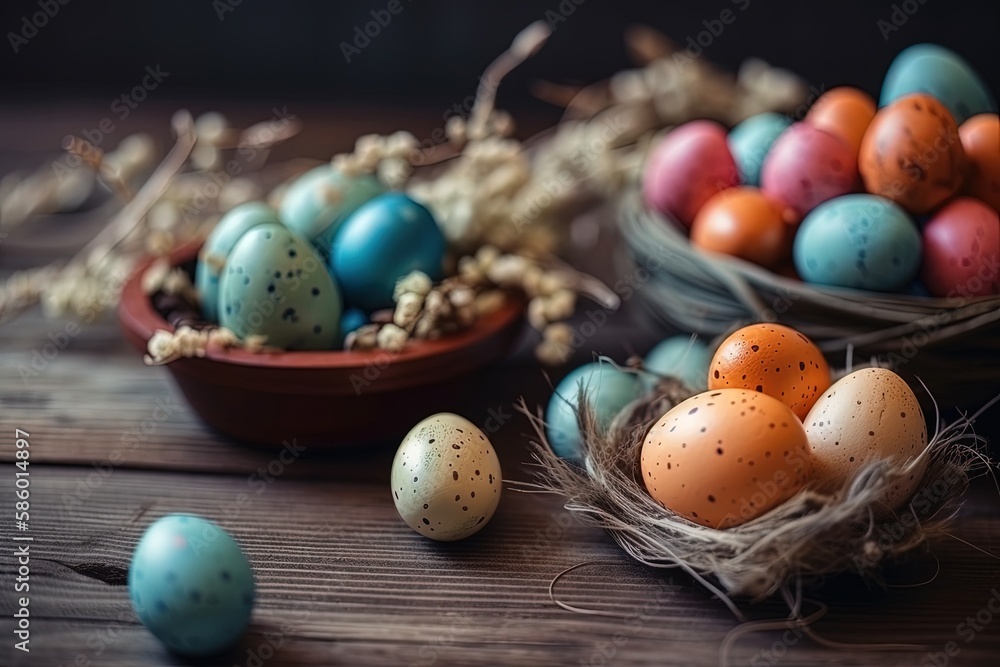 Poster wooden table with a rustic arrangement of eggs created with generative ai technology