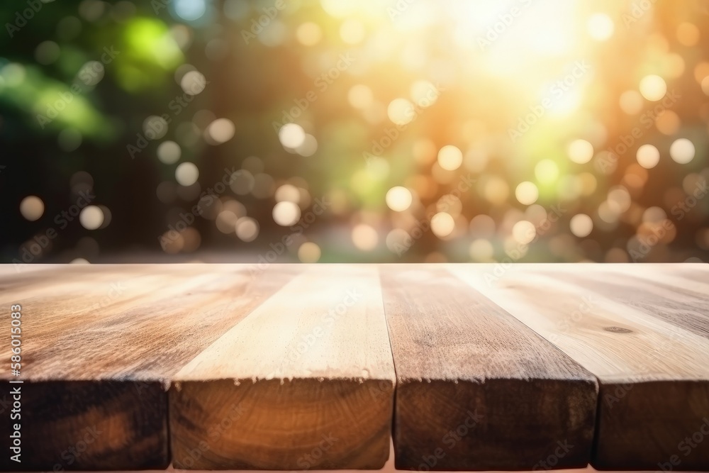 Poster wooden table top with a blurred background created with generative ai technology