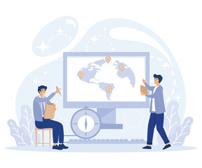 Geography concept. World map. Globalisation. Tiny people study atlas Earth.  flat vector modern illustration 