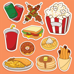 Set of Fast Food Cute Sticker Illustration