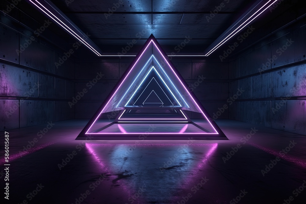 Aufkleber neon triangle glowing in a dark room created with generative ai technology