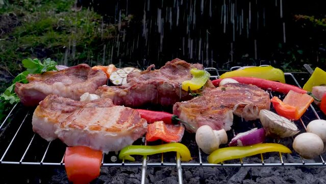 barbecue cutlets look very tasty cooked for a hamburger on a hot open fire on the grill turns over with a spatula after each turn the fire flares up and creates slow motion video for any restaurant.