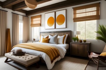 Rendering of Rustic Bohemian Bedroom Design. Generative AI. 
