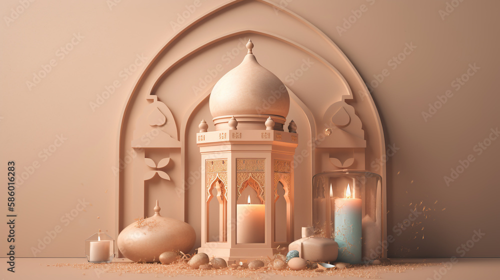 Poster generative ai of mosque with candles in the foreground.