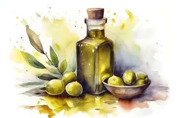 still life painting featuring olives and a bottle of olive oil created with Generative AI technology