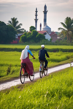 Muslim couple riding bicycle in rice field with mosque in background. Travel and vacation concept. Generative AI