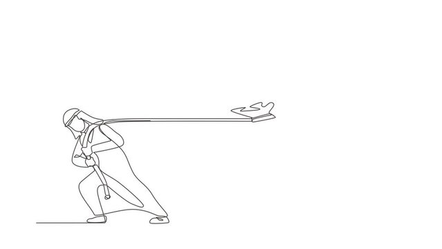Animated self drawing of continuous line draw Arabian businessman pulling big bag of money. Business metaphor. Concept of corporate competition or business challenge. Full length one line animation