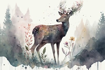 A serene deer standing in a misty forest, with delicate watercolor flowers and foliage in the background Generative AI