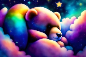 Obraz na płótnie Canvas Rendering of Teddy Bear Sleeping in a Colorful Galaxy Nebula. Generative AI. 