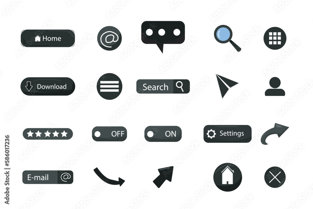 Poster cute sticker template set web elements. site navigation bundle, menu buttons, settings, mobile and c