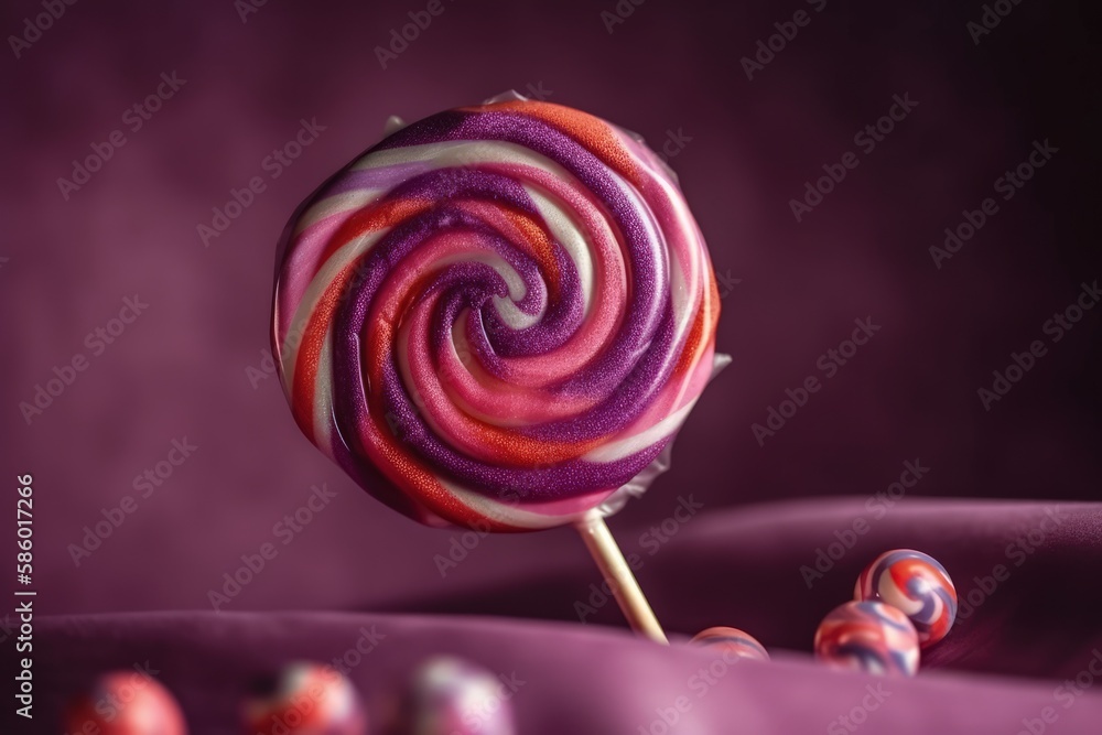 Poster brightly colored lollipop on a table created with generative ai technology