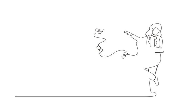 Self drawing animation of single line draw businesswoman millionaire throw out pile of money banknotes flying into air. Success wealthy fortune entrepreneur. Continuous line draw. Full length animated