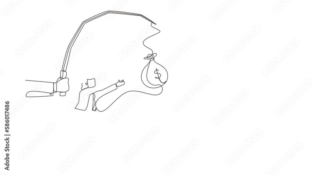 Poster animated self drawing of single continuous line draw hand with fishing pole and money bag control gr