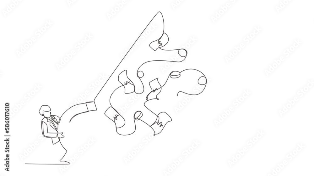 Poster animated self drawing of continuous line draw businessman using big magnet to attract money. making 