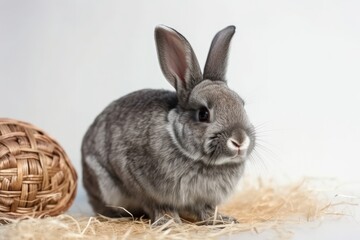 Obraz premium cute gray rabbit sitting next to a brown basket created with Generative AI technology