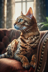 Bengal cat sitting and lying on couch looking away from camera, AI, Generative AI
