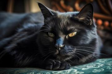 Bombay cat sitting and lying on bed looking away from camera, AI, Generative AI