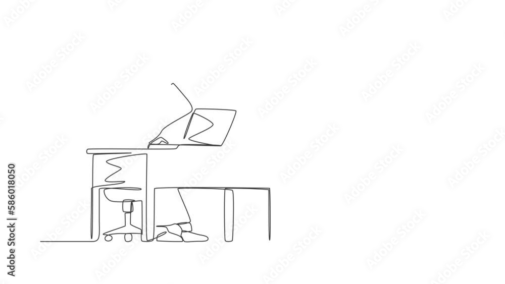 Poster self drawing animation of single line draw manager working on laptop. arab woman with question mark 