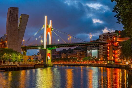 Night view of La salve zubia bridge in the spanish city Bilbao