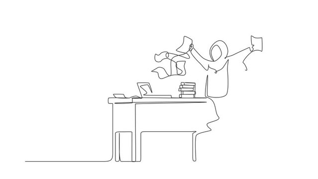 Animated self drawing of continuous line draw businesswoman, company leader or office worker throwing documents in air, enjoying business success sitting at workplace. Full length one line animation