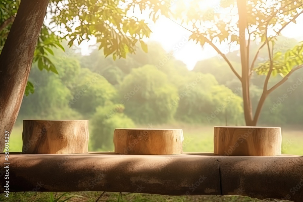 Poster wooden bench surrounded by trees in a peaceful forest setting created with generative ai technology