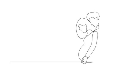 Animated self drawing of continuous line draw man or husband carefully embraced pregnant woman. Husband and wife are expecting baby, young parents, family support. Full length single line animation - Powered by Adobe