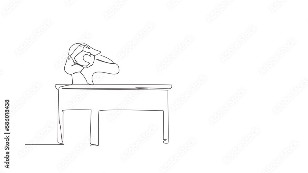 Poster animated self drawing of continuous line draw scared arab man manager looking at laptop computer scr
