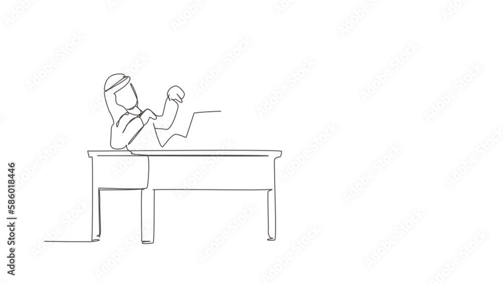Poster animated self drawing of continuous line draw arabian businessman laughing out loud while pointing f