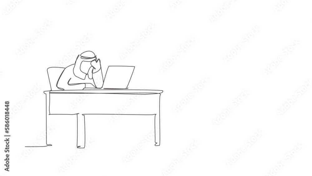 Poster self drawing animation of single line draw employee crying while wiping tears using tissue staring a