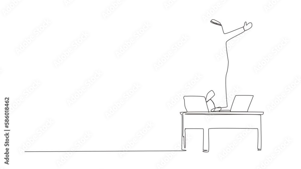 Poster animated self drawing of continuous line draw office worker dancing on desk. arabian businessman dan