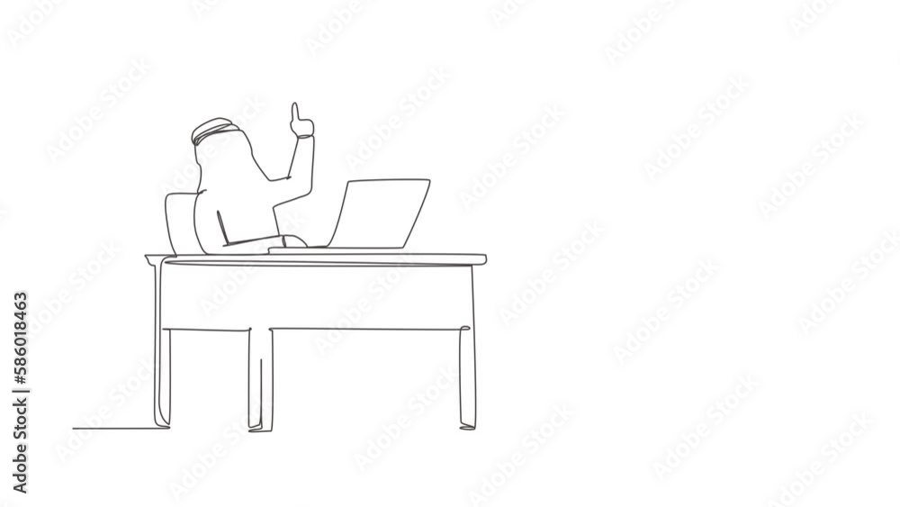 Poster self drawing animation of single line draw arabic businessman getting new idea working with laptop. 
