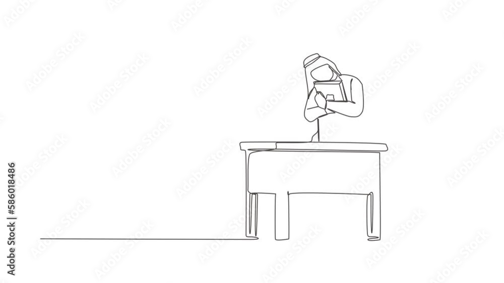 Aufkleber animated self drawing of continuous one line draw arab businessman hugging laptop. love to computer 