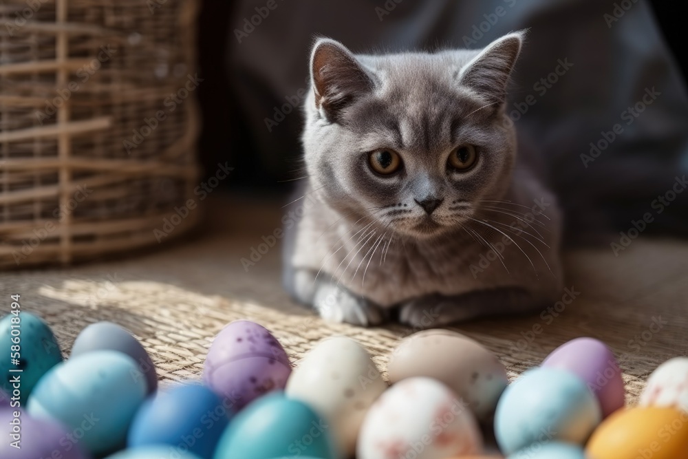 Aufkleber gray cat surrounded by colorful easter eggs created with generative ai technology