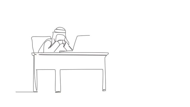 Animated self drawing of continuous line draw pensive Arabic businessman working at laptop. Frustrated male in doubt with hand on chin gesture. Remote job, workplace. Full length one line animation