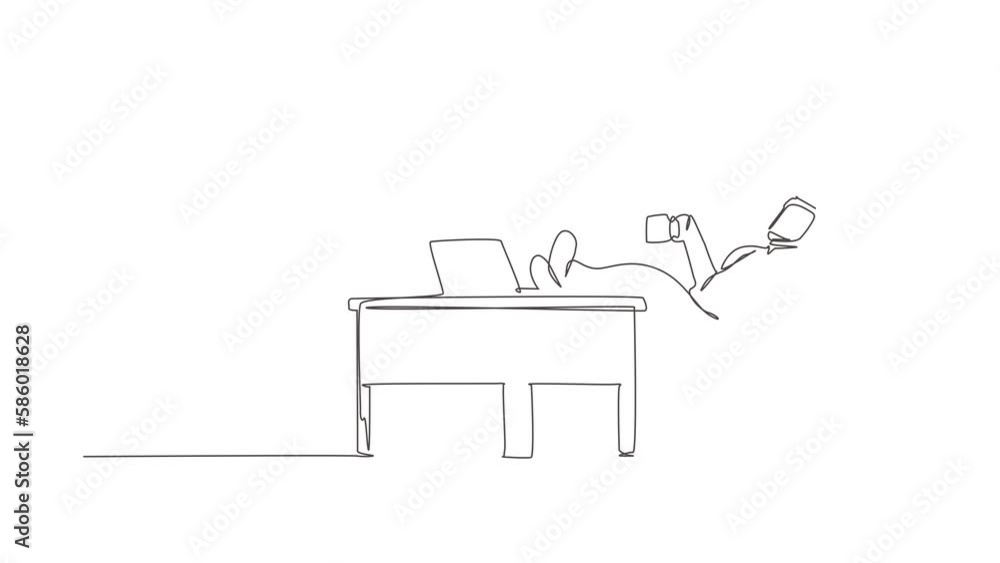 Aufkleber animated self drawing of continuous line draw arab businessman work relaxed at desk drink cup of cof