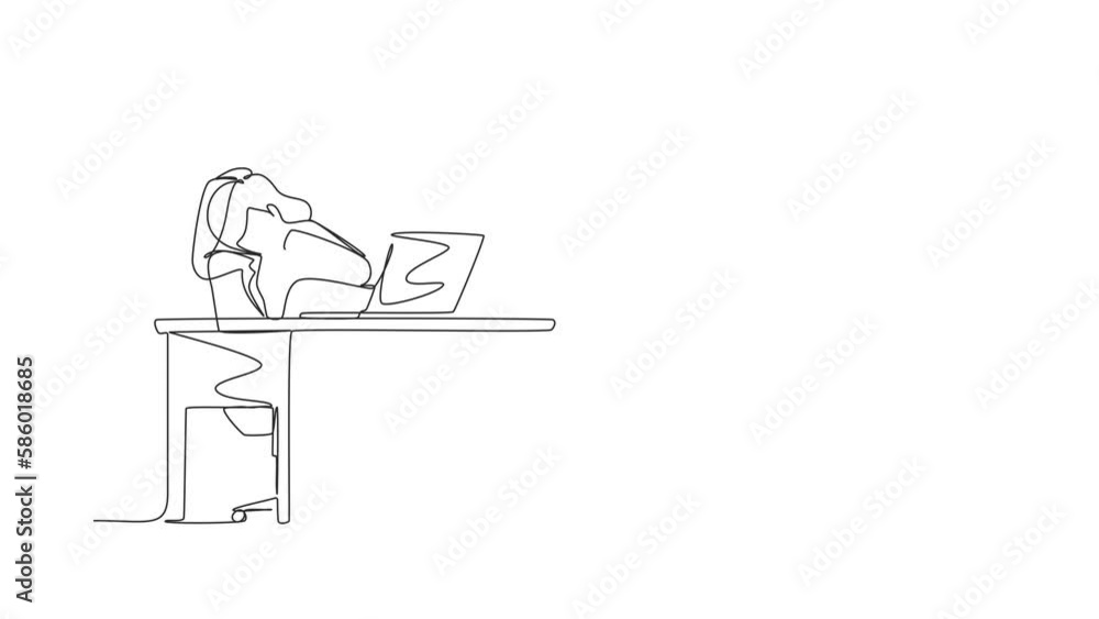 Poster self drawing animation of single one line draw scared woman manager looking at laptop screen. shocke