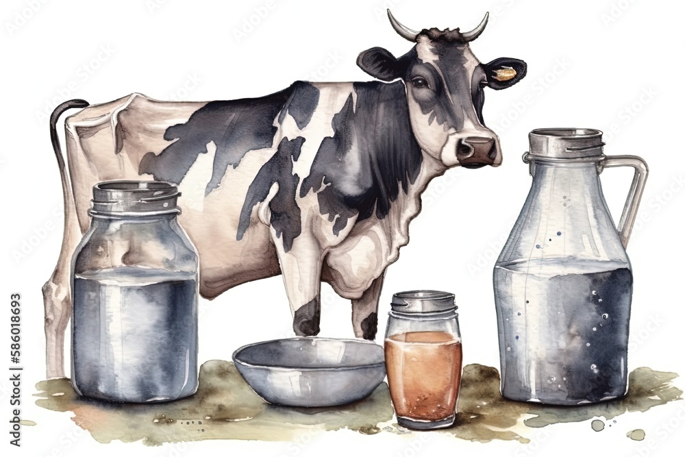 Poster cow standing next to bottles in a field created with generative ai technology