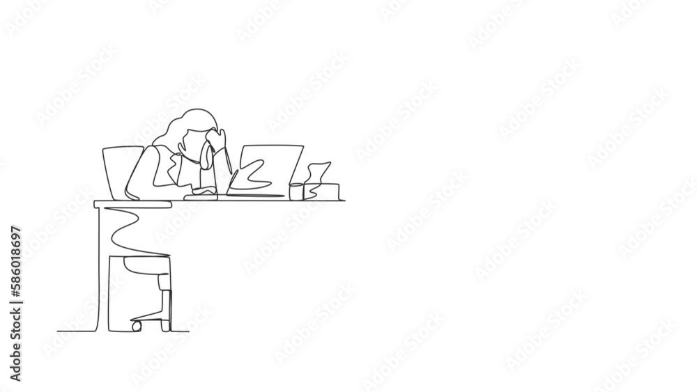 Aufkleber animated self drawing of single continuous line draw female employee crying while wiping tears using