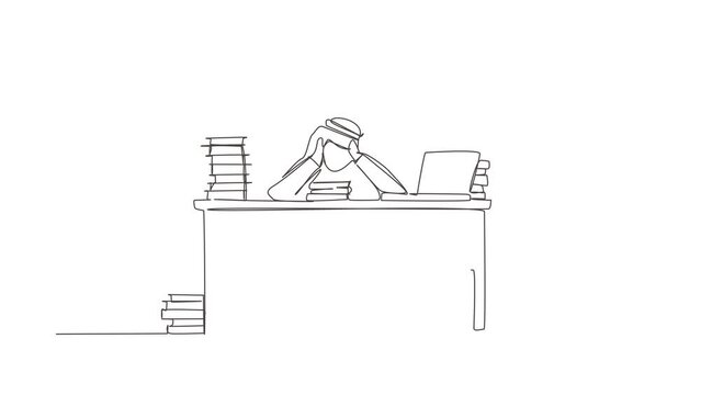 Animated self drawing of continuous line draw stressed Arab businessman throwing tantrum holding his hands to his head shouting while seated at desk surrounded by files. Full length one line animation