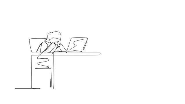 Animated self drawing of continuous line draw businesswoman getting new idea while working with laptop. Female manager working with computer at desk. People get idea. Full length single line animation