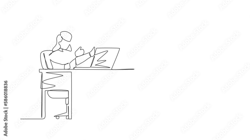 Poster animated self drawing of continuous line draw businesswoman giving good sign in front of computer. f