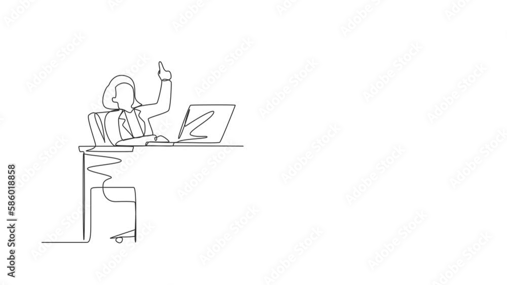 Poster animated self drawing of continuous line draw businesswoman getting new idea while working with lapt